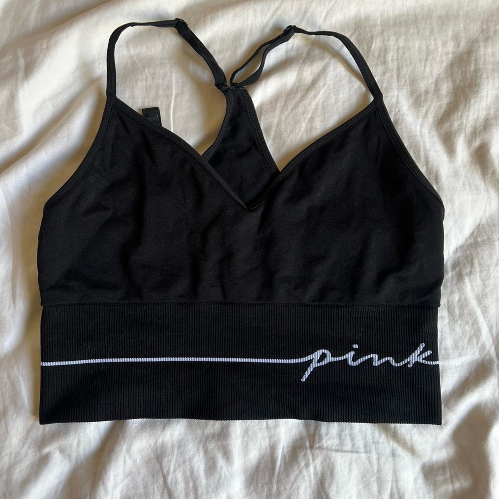 PINK Victoria's Secret Black Sports Bra with V-Neck and Elastic Band